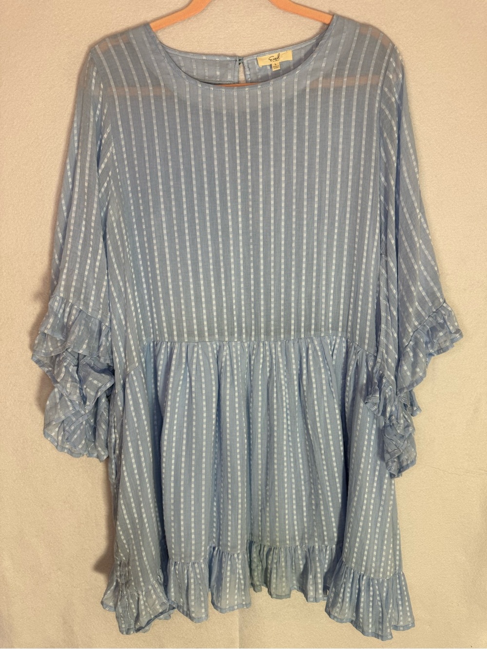 Free People (Easel) Light Blue Striped Ruffle Dress - 100% Cotton - Size L